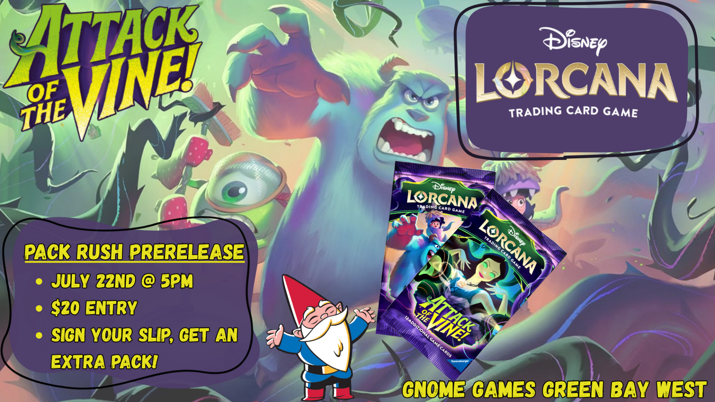 Disney Lorcana Attack of the Vine Pack Rush Prerelease at Gnome Games Green Bay West @ Gnome Games - Green Bay West (Jul 22) - Ticket