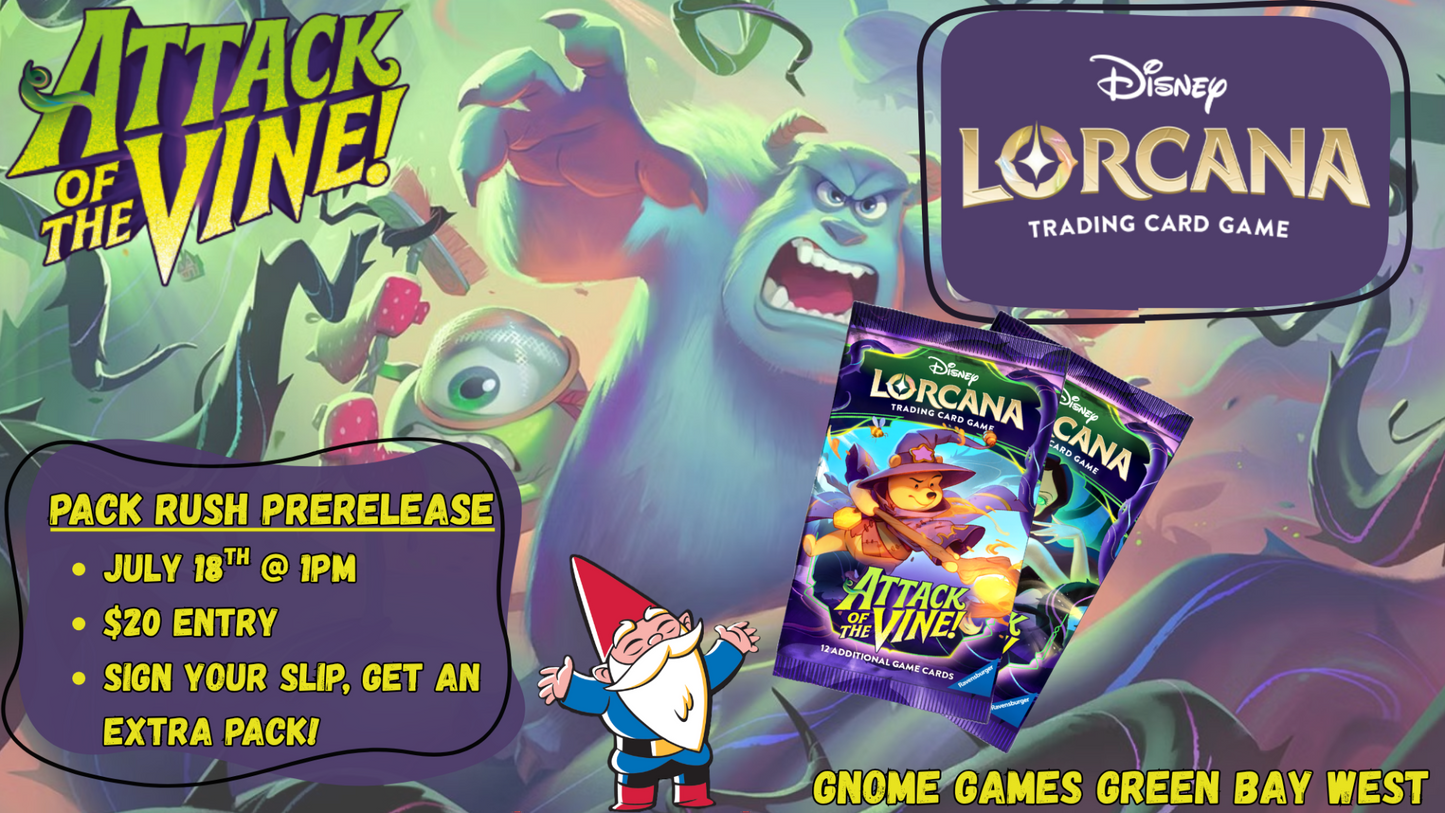 Disney Lorcana Attack of the Vine Pack Rush Prerelease at Gnome Games Green Bay West @ Gnome Games - Green Bay West (Jul 18) - Ticket