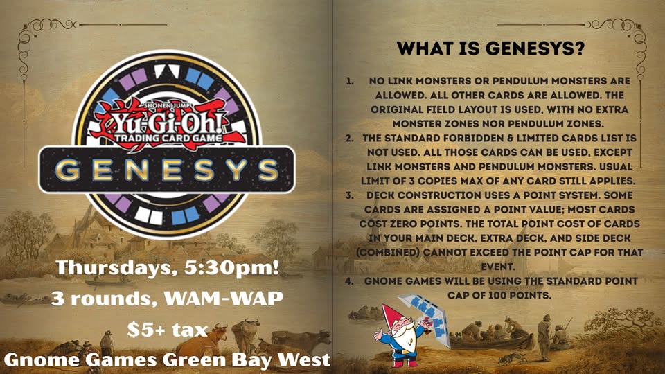 Yu-Gi-Oh! Genesys Weekly Tournament at Gnome Games Green Bay West @ Gnome Games - Green Bay West (Oct 15) - Ticket