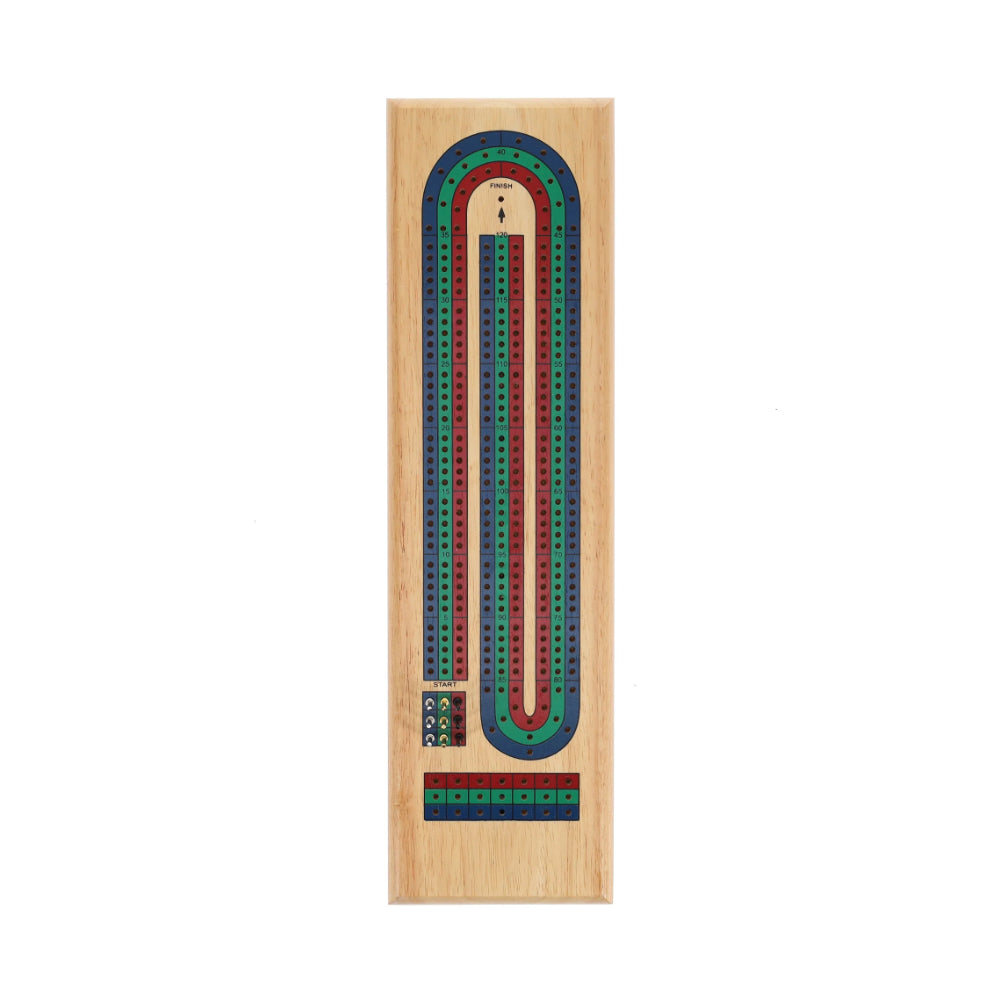 Classic Cribbage Set - Solid Wood TriColor (Blue, Green, Red) Continuous 3 Track Board with Metal Pegs