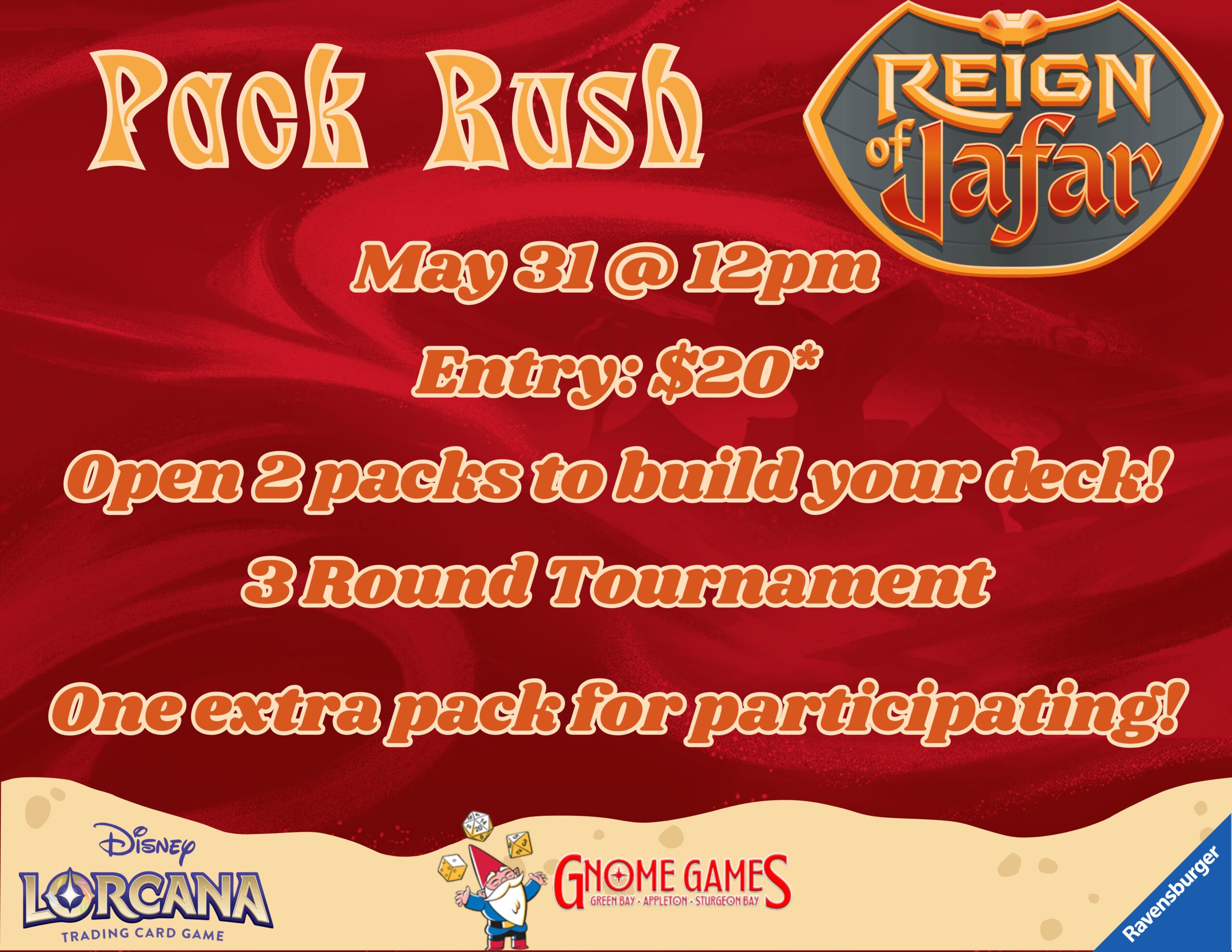 Disney Lorcana Reign of Jafar Pack Rush Prerelease at Gnome Games Appleton North