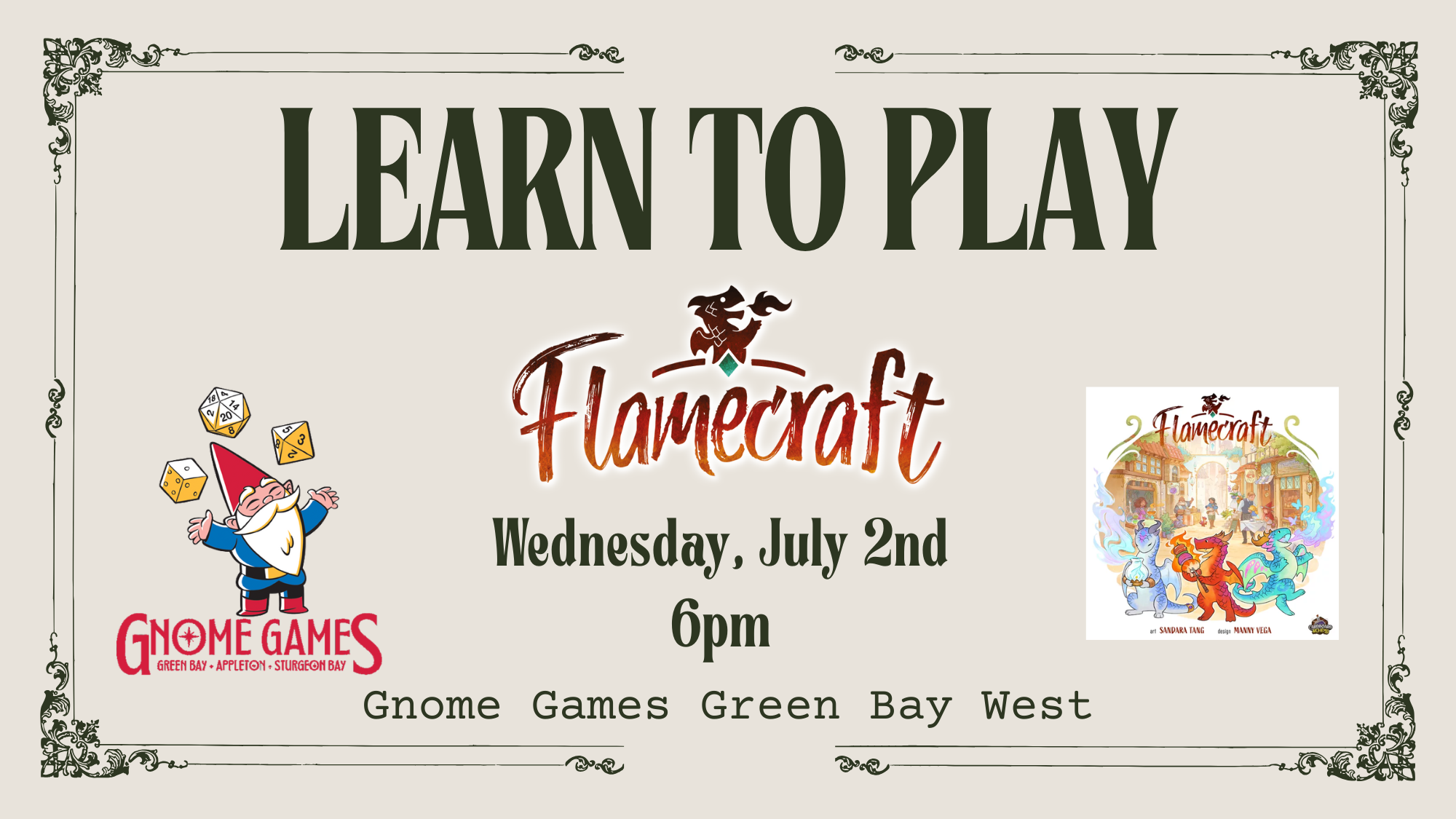 Learn to Play Flamecraft Wednesday, July 2nd at 6pm, at Gnome Games Green Bay West!