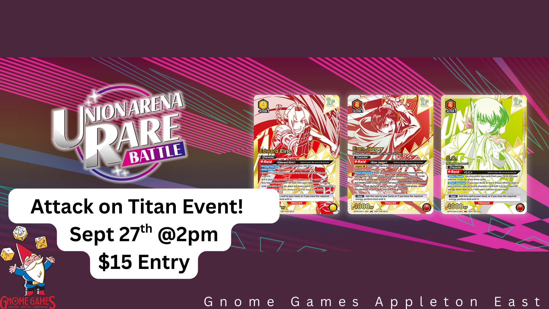 UNION ARENA RARE BATTLE -Attack on Titan- Appleton East – $15*