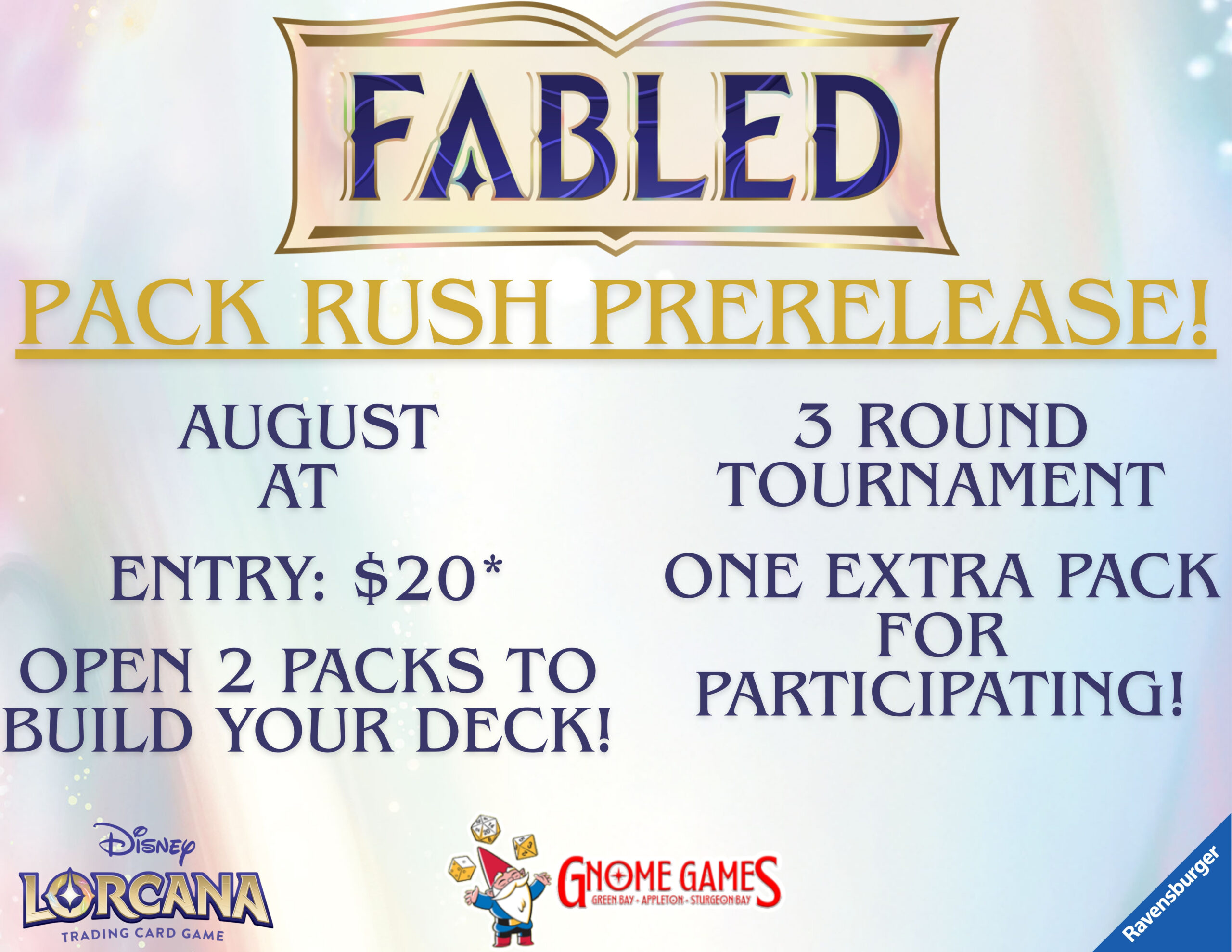 Disney Lorcana: Fabled Pack Rush Prerelease at Gnome Games Appleton North!