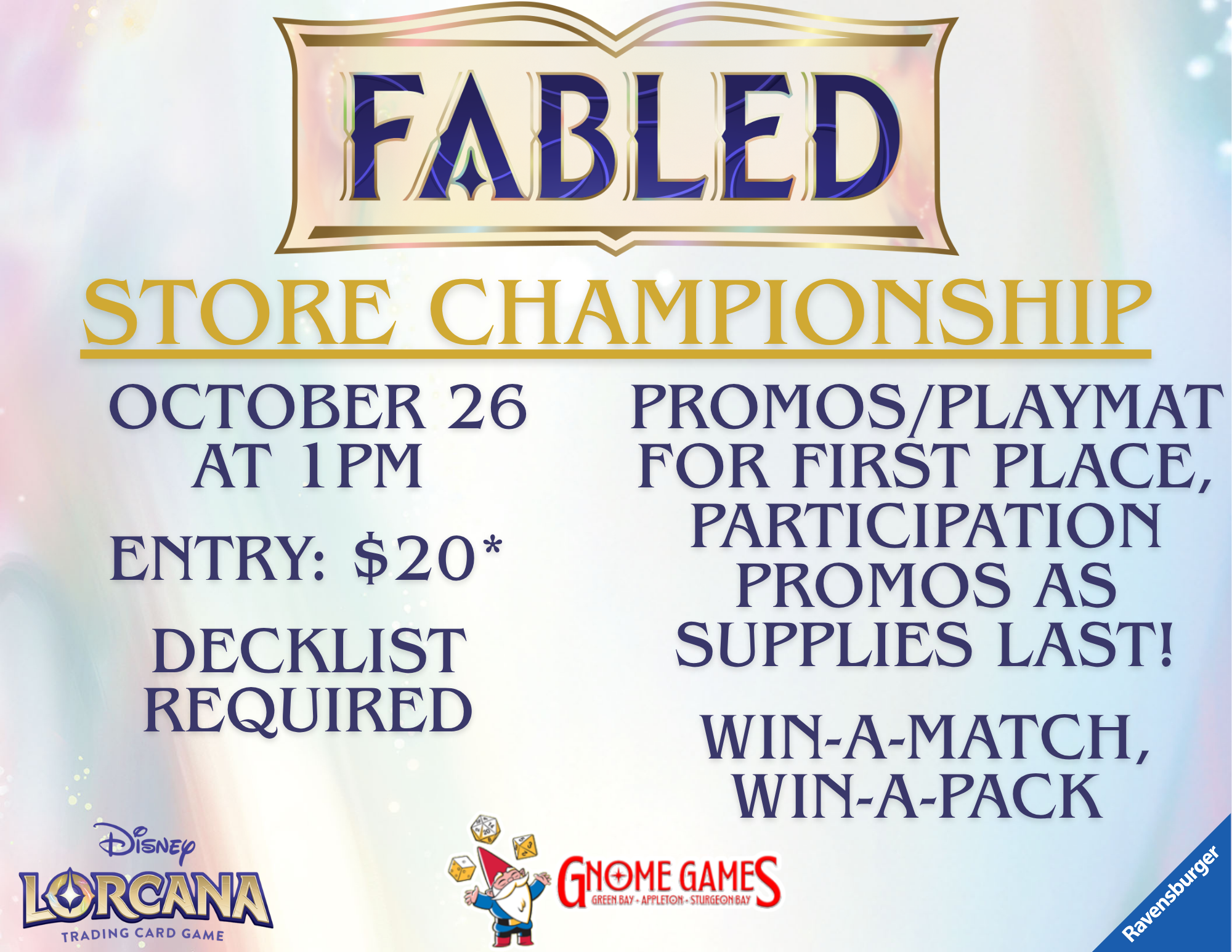 Disney Lorcana Fabled Store Chanmpionship at Gnome Games Appleton North!