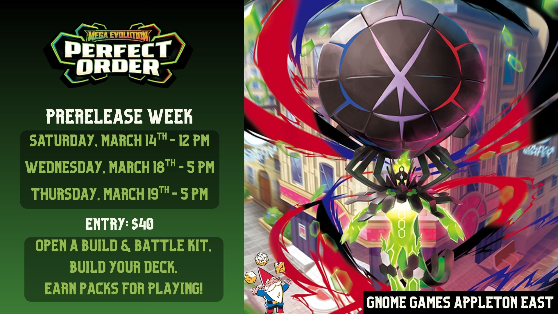 Pokémon Mega Evolution: Perfect Order Prerelease at Gnome Games Appleton East – $40